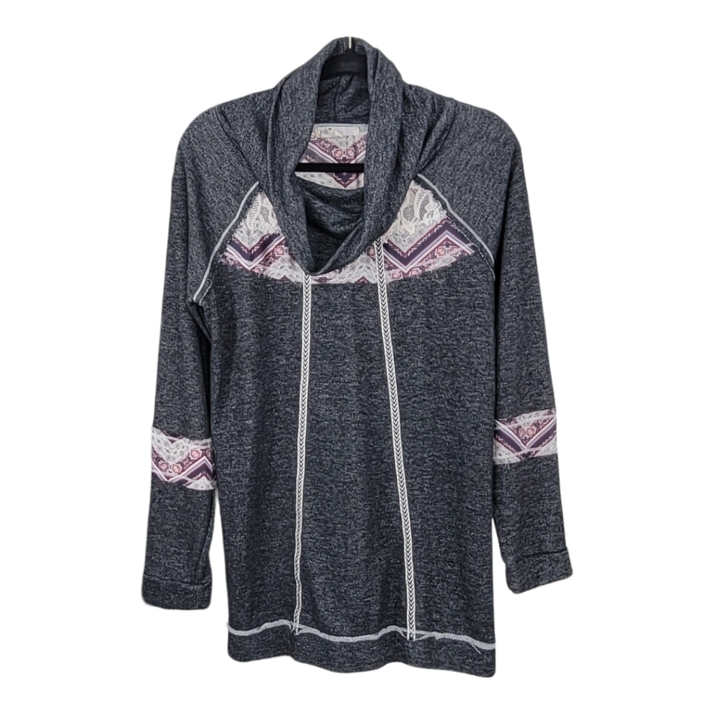 Jolt Boho Aztec‎ Cowl Neck Tunic Top M Grey Mixed Media
